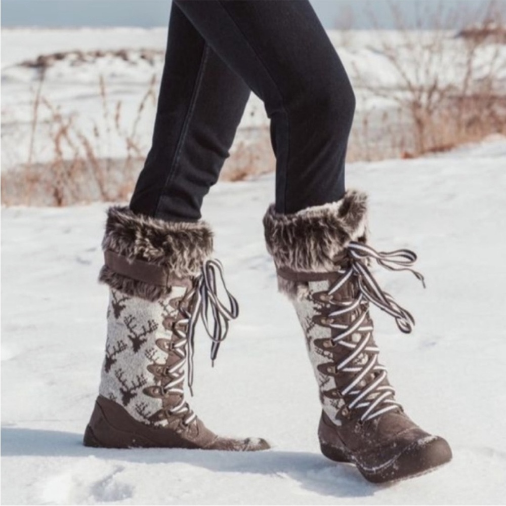 SOLD MUK LUKS Gwen Tall Lace Up Waterproof Boots Reindeer  Sweater Knit
